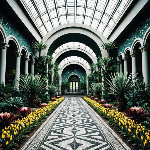 Botanical Garden Interior with Arched Ceiling and Mosaic Floor