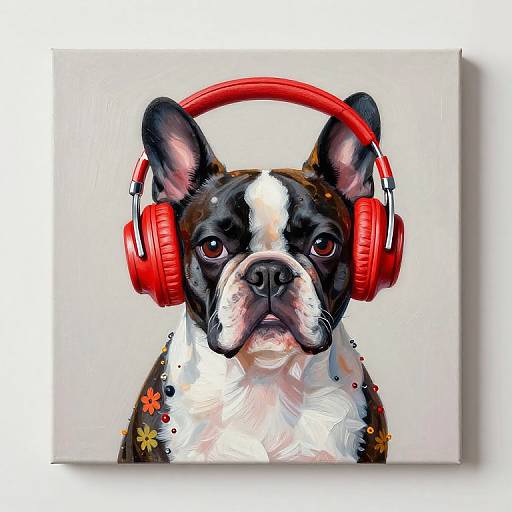 Digital painting of a black and white French Bulldog wearing large red headphones, set against a plain white background, with colorful flower splatters on its fur