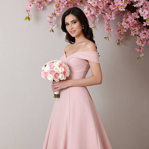 Photograph of a beautiful woman with long black hair in a pink off-shoulder gown, holding a white and pink rose bouquet, standing under pink