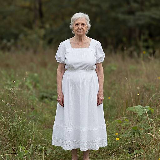 Photograph of an elderly white woman with short white hair, wearing a white, short-sleeve, lace-trimmed dress, standing in a