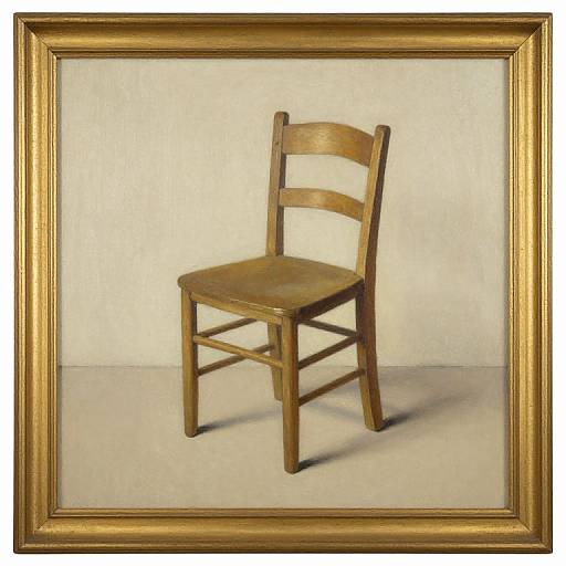 Photograph of a simple wooden chair with a curved backrest, framed in a gold frame, against a plain white background.