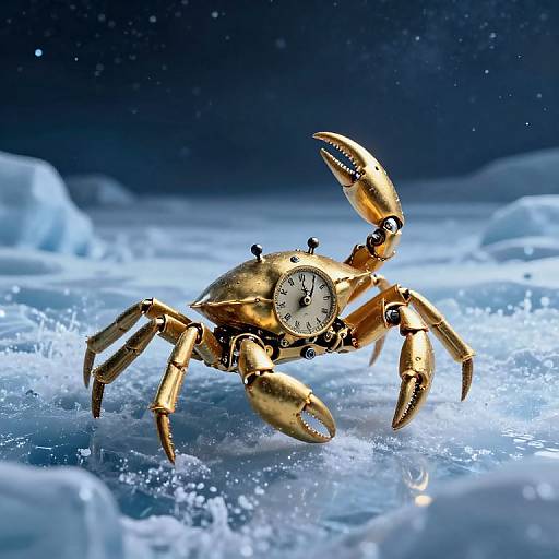 Digital artwork of a gold clock-crab with mechanical legs, set against a sparkling, icy, starlit ocean background.