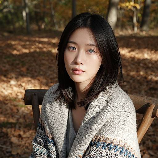 Photograph of an Asian woman with fair skin and black shoulder-length hair, wearing a textured white and blue knitted shawl, sitting in a sun