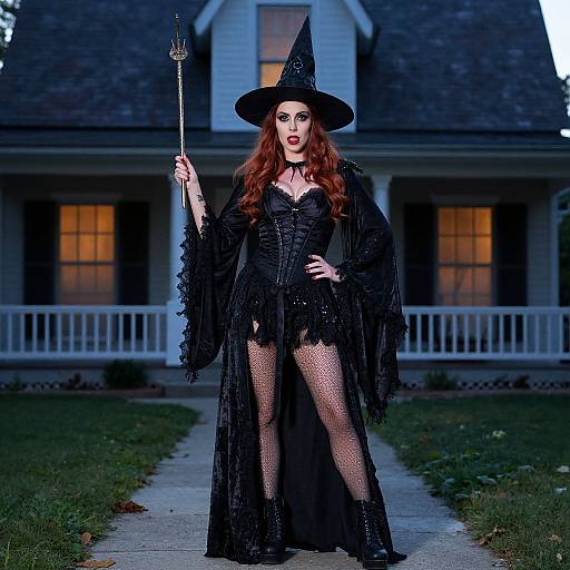 Photograph of a red-haired woman in a black witch costume with lace, fishnet stockings, pointed hat, holding a wand, standing on a suburban