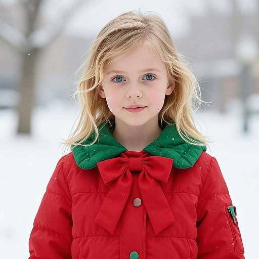 Photograph of a young blonde girl with blue eyes, wearing a red winter coat with a green hood and bow, standing in a snowy, blurred outdoor