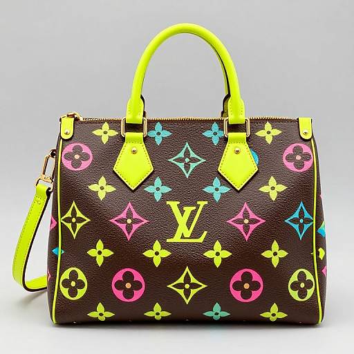 Photograph of a vibrant Louis Vuitton handbag with a dark brown monogram pattern, bright yellow handles and accents, and colorful floral and logo