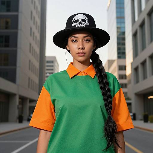 Photograph of a young woman with long black braid, green and orange shirt, black skull hat, standing in urban street.