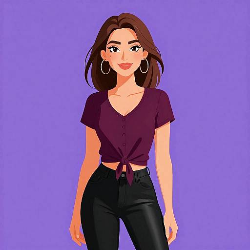 Digital illustration of a smiling, light-skinned woman with long brown hair, wearing a tied purple top, black jeans, and large hoop earrings, against