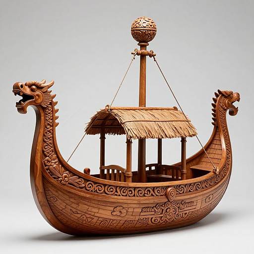 Photograph of an intricately carved, wooden traditional Asian boat with dragon-shaped bow ends, straw-thatched roof, and central mast, set against a