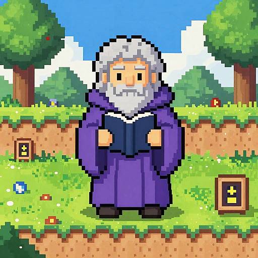 8-Bit Wizard in Vibrant Retro Landscape
