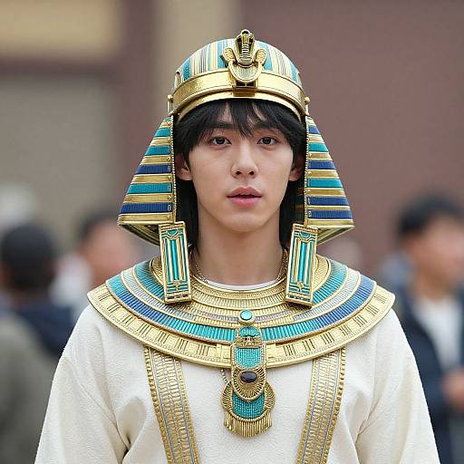 Photograph of a young Asian man in an Egyptian-style headdress and white robe with blue and gold jewelry, standing in a blurred outdoor crowd.