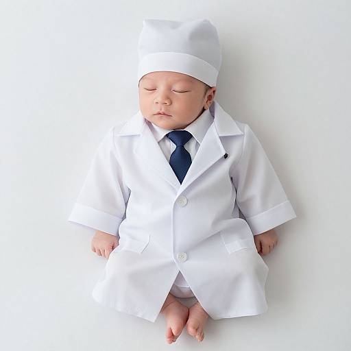 Photograph of a sleeping baby in a white doctor's coat, white hat, and navy tie, against a pure white background.