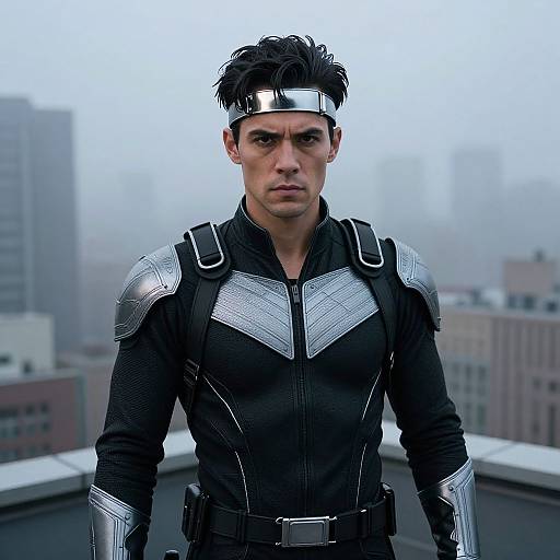 Photograph of a serious, dark-haired man in a black superhero suit with silver armor, silver headband, standing on a rooftop, cityscape blurred