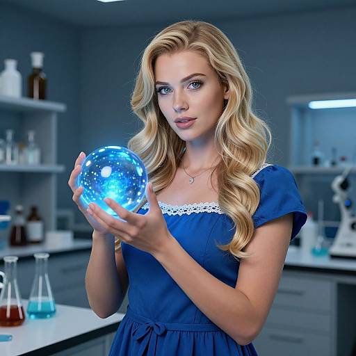 Photograph of a blonde woman with wavy hair, wearing a blue dress with white lace, holding a glowing blue orb in a modern laboratory.