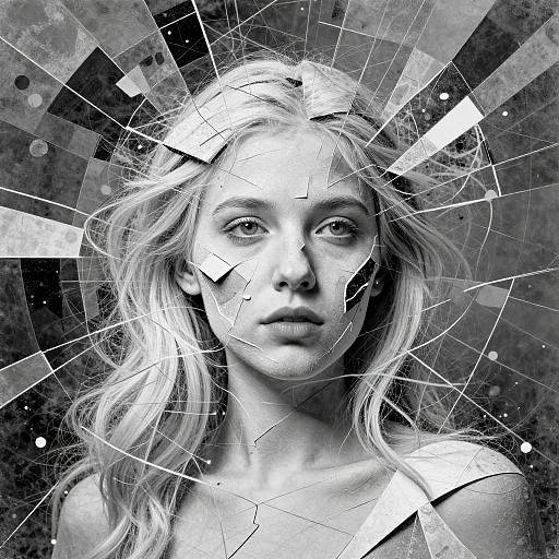 Black-and-white digital portrait of a young woman with cracked glass overlay, radiating lines, and a textured background. Her expression is serious, with w