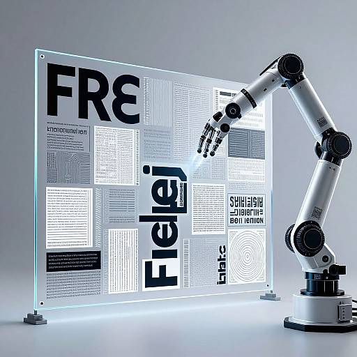 Digital art of a futuristic robotic arm examining a glowing, illuminated whiteboard with large black text 