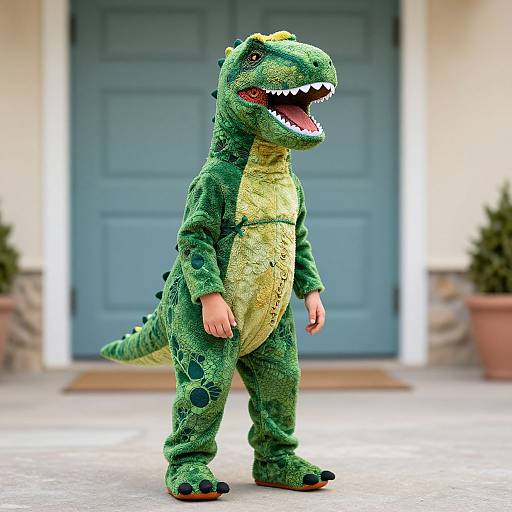 Photograph of a child in a green, textured, dinosaur costume with yellow underbelly, standing on a porch with blue door background.