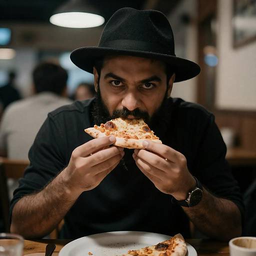 Man Eating Pizza in Restaurant
