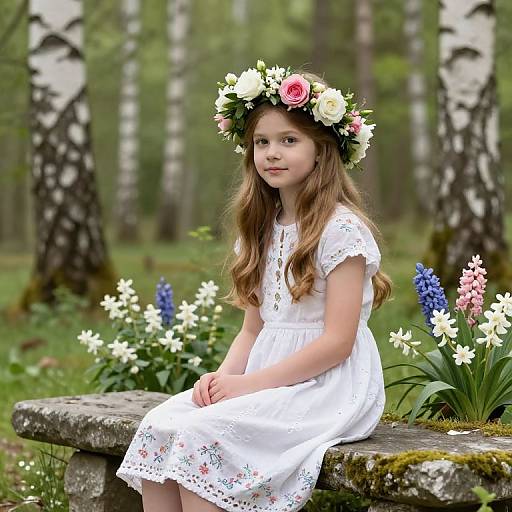 Photograph of a young girl with long brown hair, wearing a white lace dress and flower crown, sitting on a moss-covered stone bench in a forest