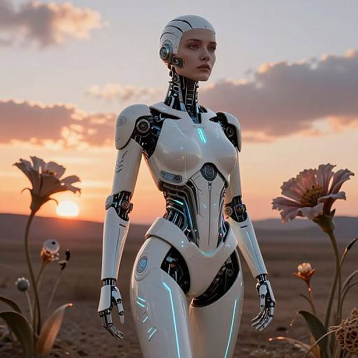 Photorealistic CGI of a white, futuristic female android with glowing blue accents standing in a desert at sunset, surrounded by flowers.