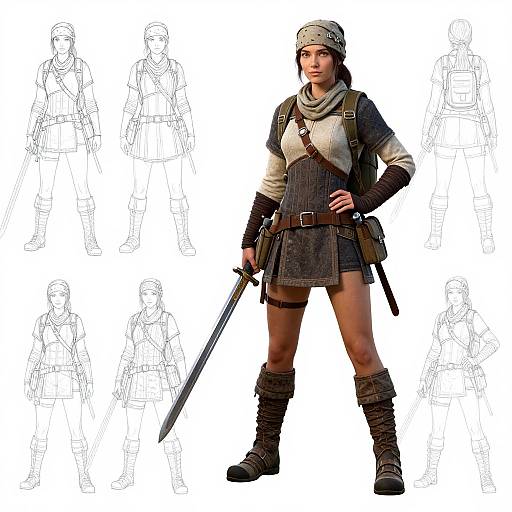 Digital illustration of a confident, armored woman warrior with a sword, wearing a beige headscarf, gray tunic, and boots, surrounded by sketch