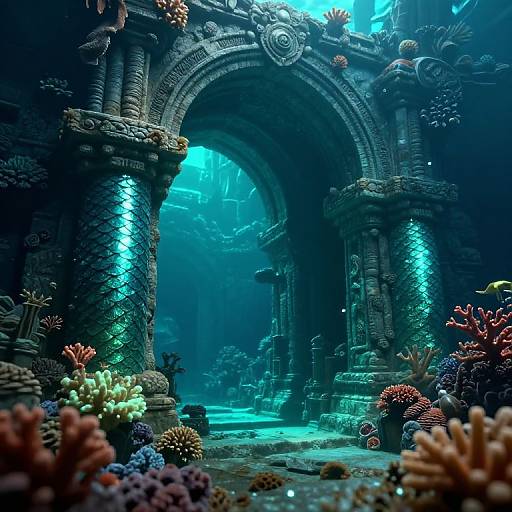 Photorealistic CGI of an underwater ruins with glowing blue light, ornate stone archways, and vibrant coral reefs in the foreground.
