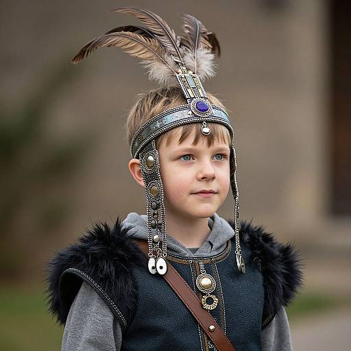 Photograph of a young boy with light brown hair, blue eyes, wearing a detailed Native American-style headdress and black fur vest, with a blurred