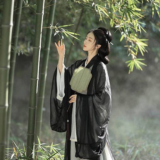 East Asian woman in traditional black kimono, white inner robe, standing in bamboo forest, gently touching leaves, serene expression.