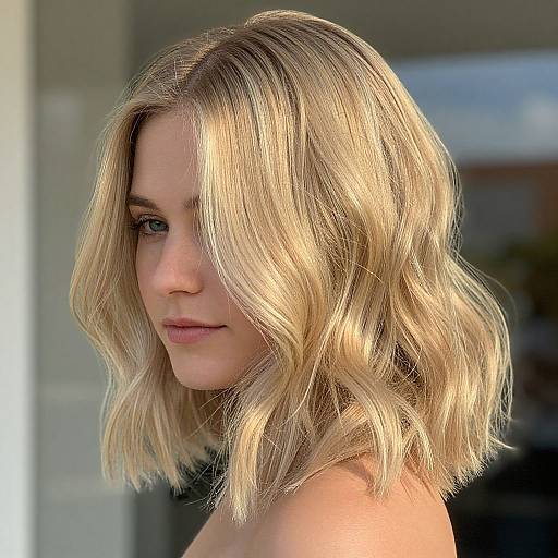 Photograph of a fair-skinned woman with shoulder-length, wavy blonde hair, blue eyes, and subtle makeup, looking over her shoulder, against