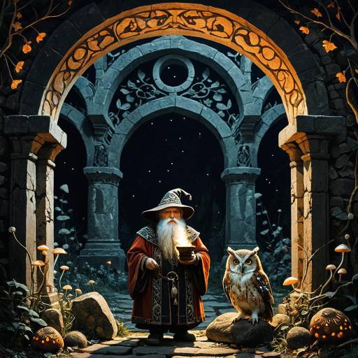 Elderly Dwarf Alchemist and Ember Owl in Magical Stone Archway