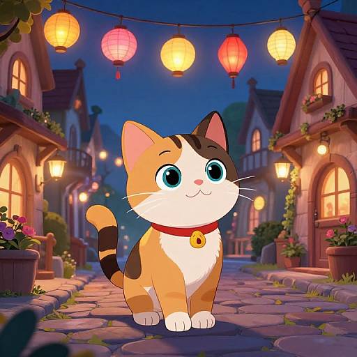 Cartoon-style, cute orange and black cat with big blue eyes and a red collar, standing on a cobblestone street at night, illuminated by