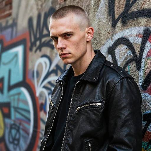 Photograph of a serious, bald, white man with a buzz cut, wearing a black leather jacket, standing against a graffiti-covered wall.