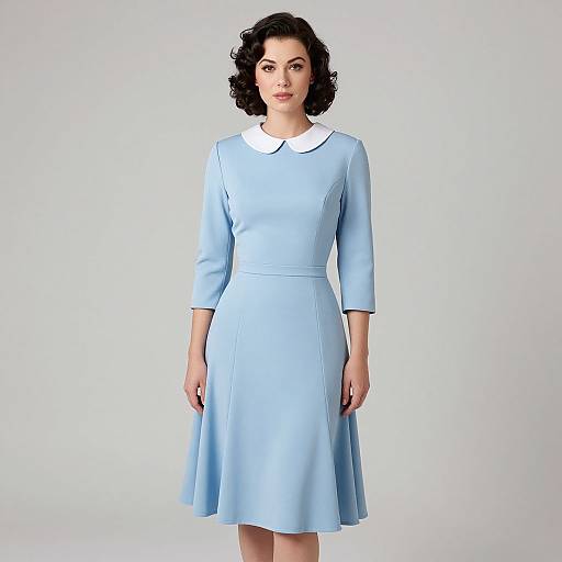Photograph of a woman with short, curly black hair, wearing a light blue, three-quarter sleeve, A-line dress with a white Peter Pan collar