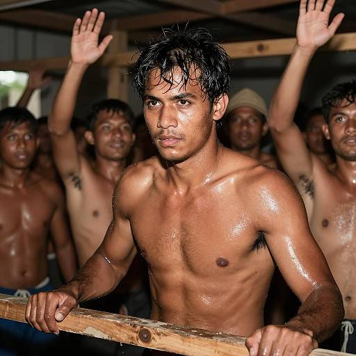 Intense Shirtless Man in Crowded Room