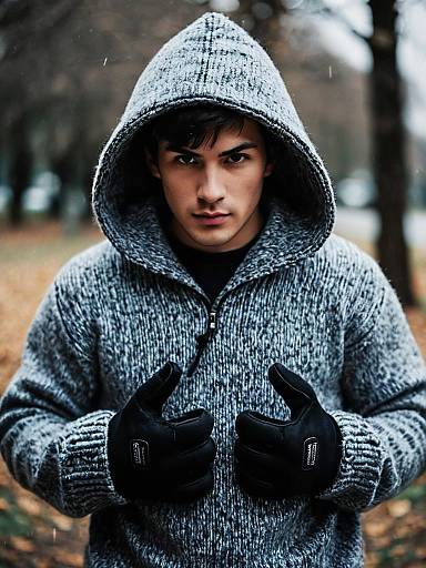 Young Man in Gray Hoodie with Gloves Outdoors