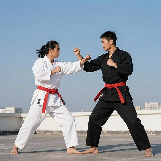 Rooftop Martial Arts Under Blue Sky