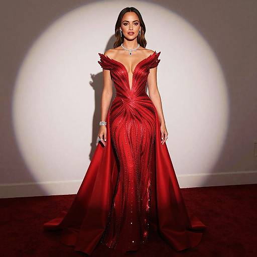 Woman in Elegant Red Gown on Red Carpet