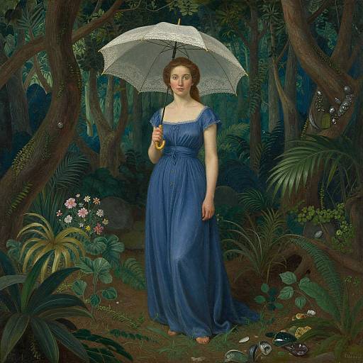 Victorian-style painting of a fair-skinned woman in a blue dress holding a lace umbrella, standing in a lush, dark forest with ferns and