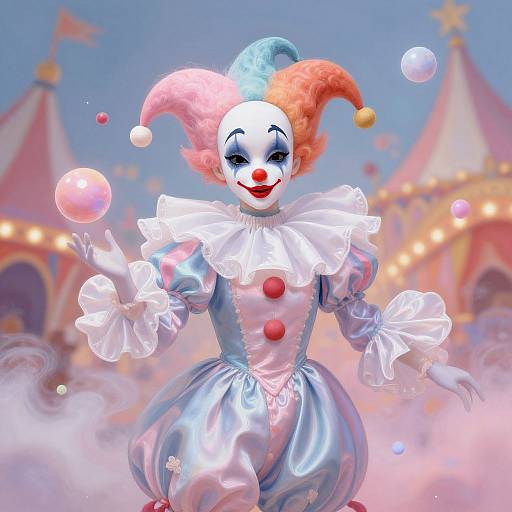 Digital artwork of a vibrant, clown-like figure with a white face, red nose, and colorful jester hat, floating bubbles in a whimsical circus