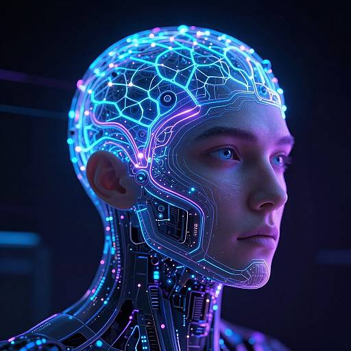 Photorealistic CGI of a glowing, neon-lit cybernetic human head with intricate blue and purple circuitry patterns against a dark background.