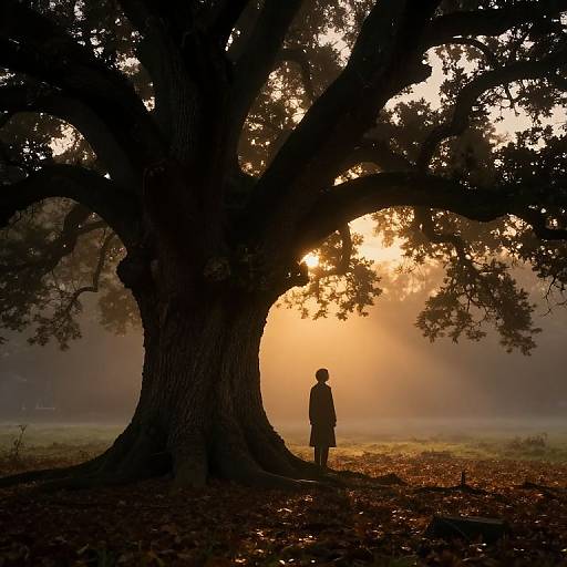 Silhouetted person stands under massive, sunlit tree at sunrise, with golden light filtering through misty, autumnal forest. Photographic image