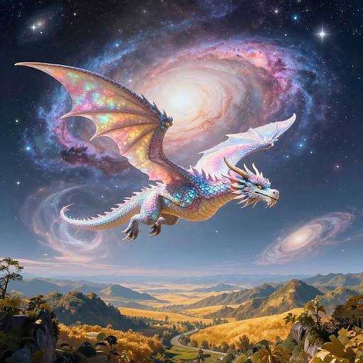 Digital artwork of a glowing, multicolored dragon with white and blue scales soaring above a starry, swirling galaxy over a golden-hued mountain landscape