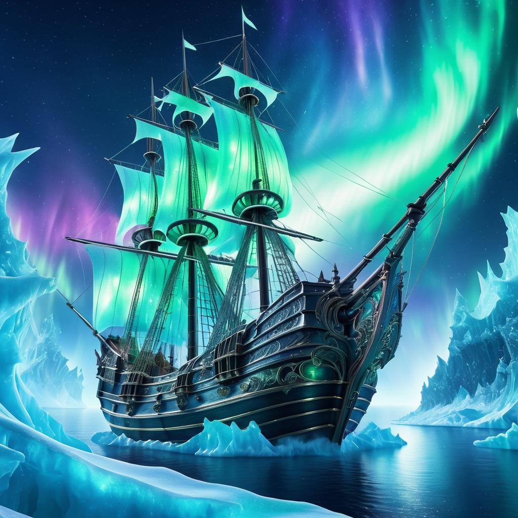 Fantasy Galleon on Icy Aurora Sea