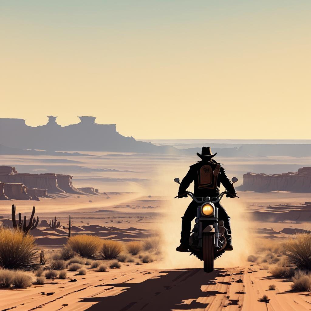 Cowboy on Motorcycle in Post-Apocalyptic Scene