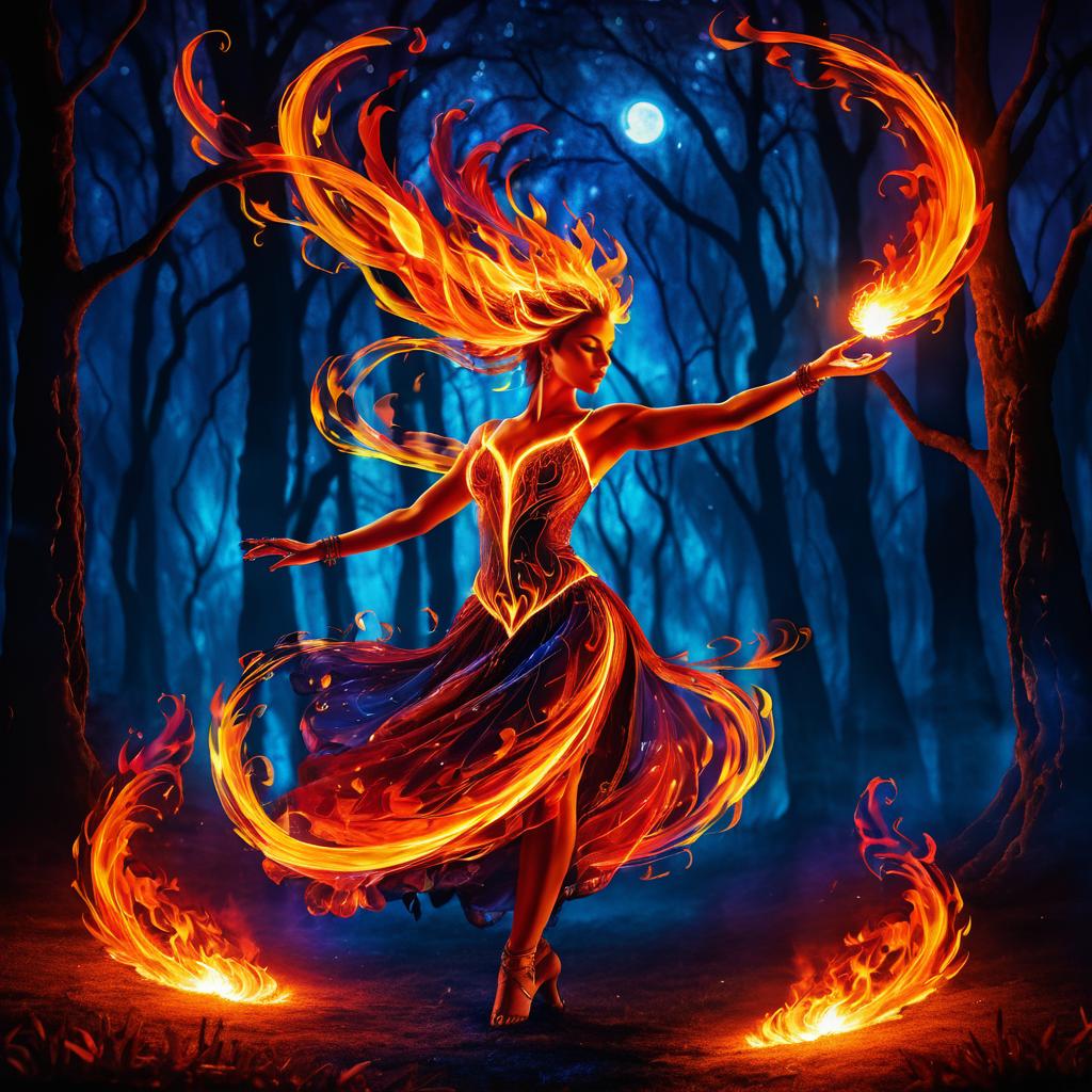 Dancing Fire Spirit in Moonlit Glade