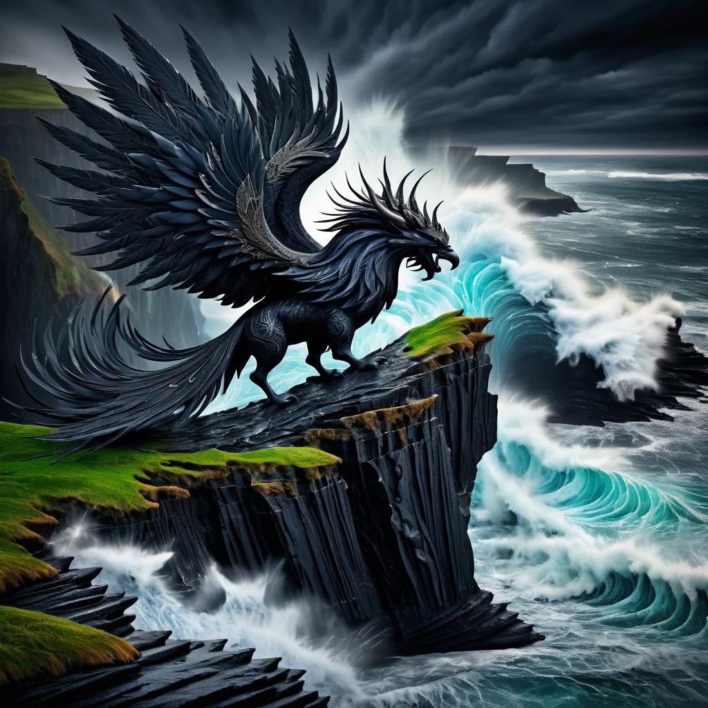 Epic Mythical Beast on Stormy Cliff