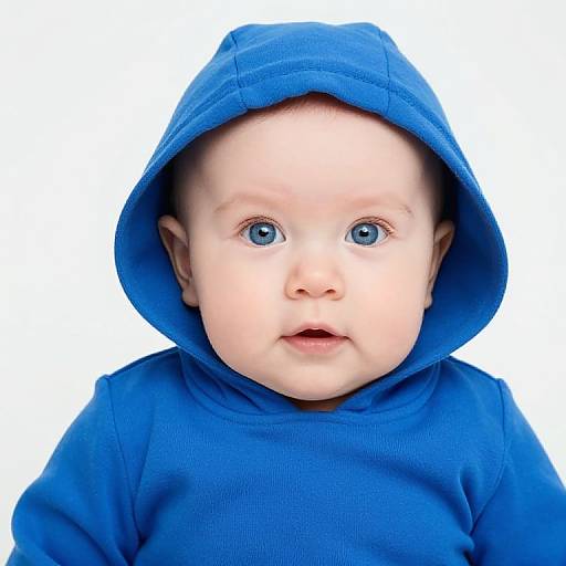 Photograph of a fair-skinned baby with blue eyes, wearing a bright blue hooded shirt, against a white background, looking directly at the camera