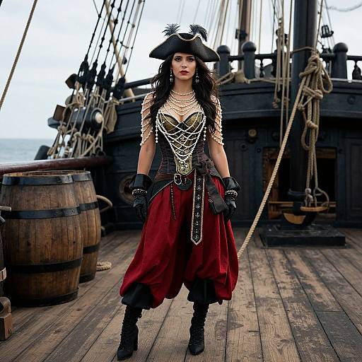 Photograph of a young woman in pirate attire, black hat with feather, intricate gold vest, red skirt, black gloves, and boots, standing on
