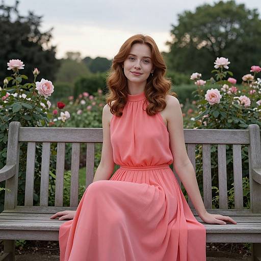 Photograph of a red-haired woman with wavy hair, wearing a sleeveless coral dress, sitting on a wooden bench in a blooming rose garden
