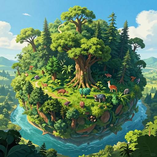 Fantastical floating island with lush greenery, towering trees, colorful wildlife, and a clear blue river, set in a vibrant, sunny landscape.